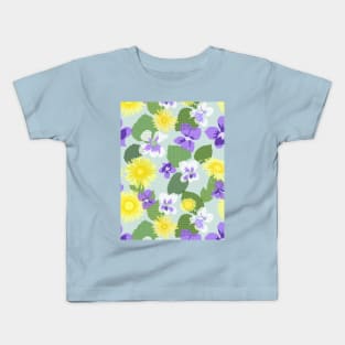 Cross-stitch Dandelions and Violets on Pale Grey Green Vertical Kids T-Shirt